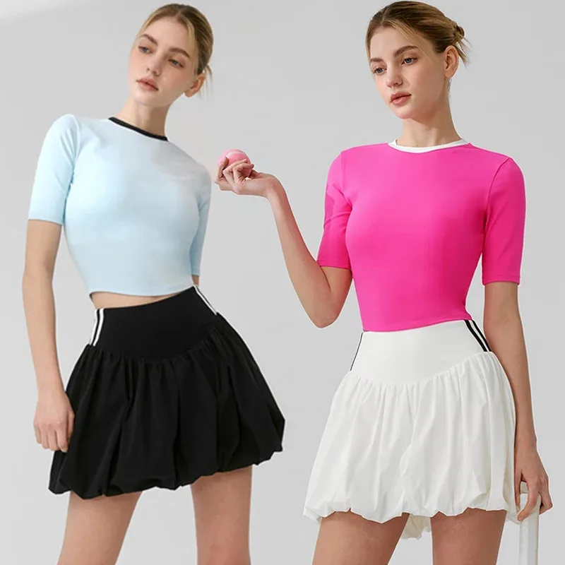 

Женская футболка для йоги и фитнеса, теннисная юбка-пачка, спортивные топы с круглым вырезом, женские шорты с высокой талией для спортзала, бадминтона, тренировочная одежда
