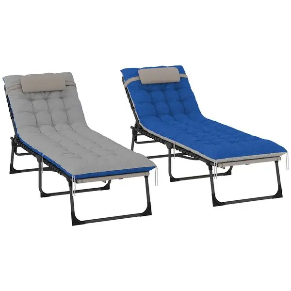 

Outsunny Outdoor Chaise Lounge Chair Set of 2, 5-Level Adjustable Folding Pool Lounge Chairs with Cushions, Brown/Blue
