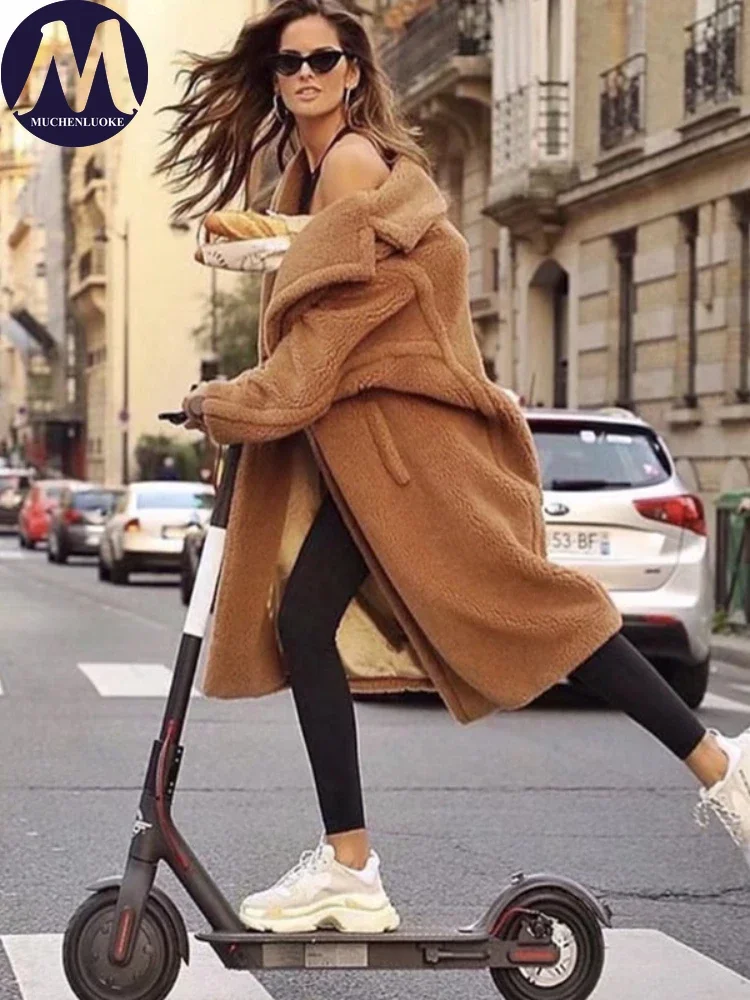 Artificial Lamb Down Lapel Mid Length Coat for Women, Warm Fur Coat, Casual Loose Overcoat, Elegant Fashion, New, Winter, 2023