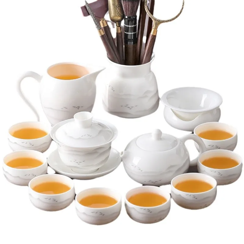 

Suet jade tea set White porcelain complete set Home office bubble teapot Ceramic high-end Kung Fu tea sets Tea tray sets