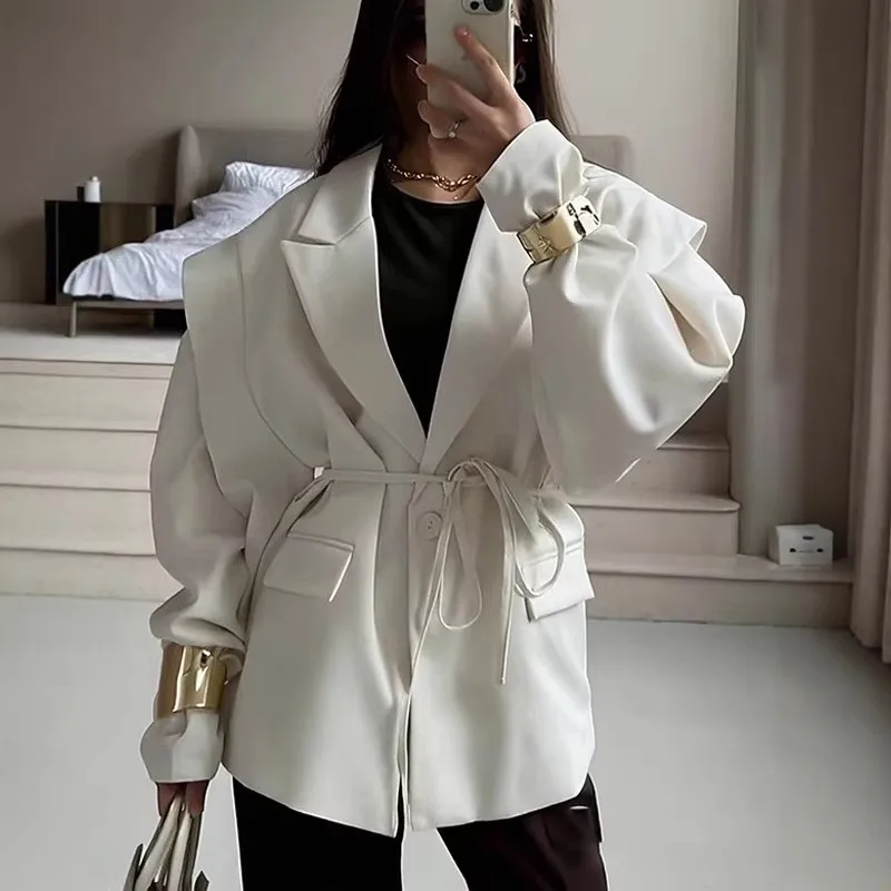 Tie Belt No Hood Coat Regular Length Fresh and Sweet with Single Button Closure Patchwork Medium Weight Long Sleeve Women Coat