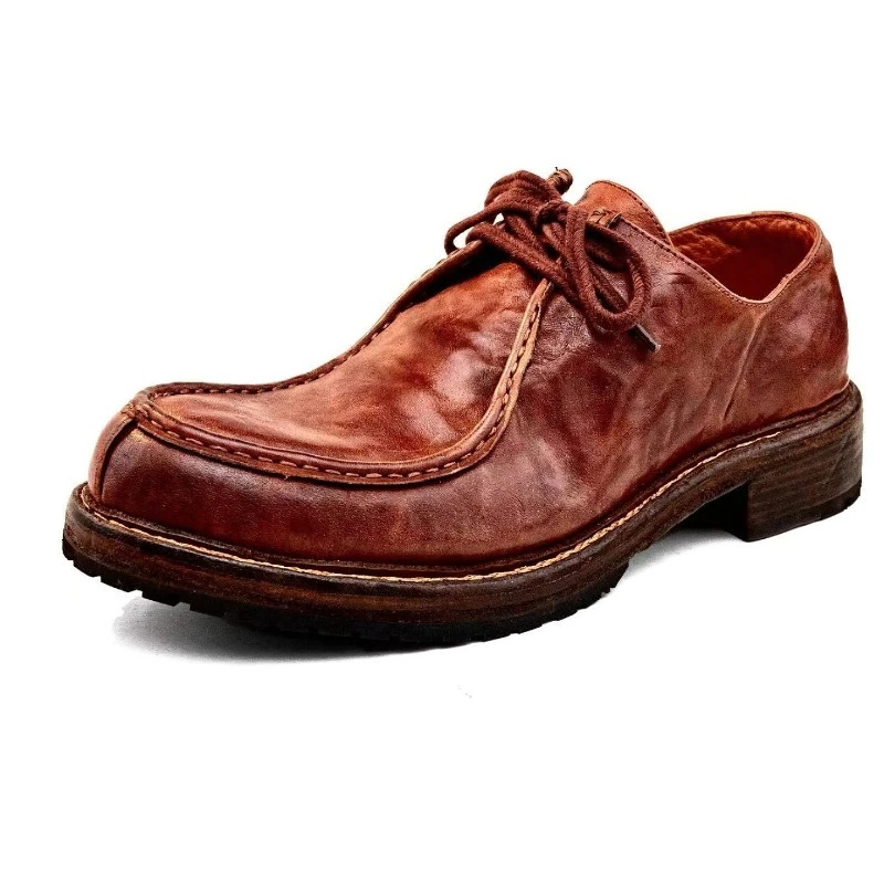 Handmade Leather Shoes Men's Washed Work Genuine Leather Lace Up Casual Business Round Toe Derby Dress Shoes Male Youth Brown