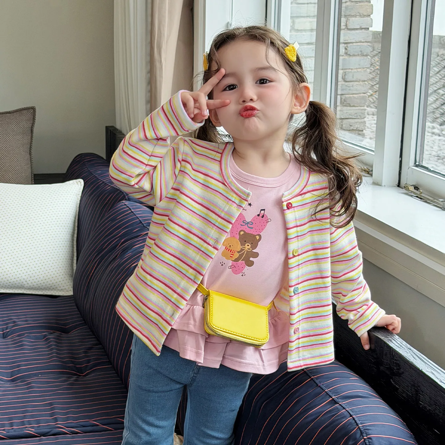 Girls Jacket for Spring and Autumn 2026 Fashion New Childrens Versatile Rainbow Knit Top Baby Girl Spring Long Sleeve Cardigan