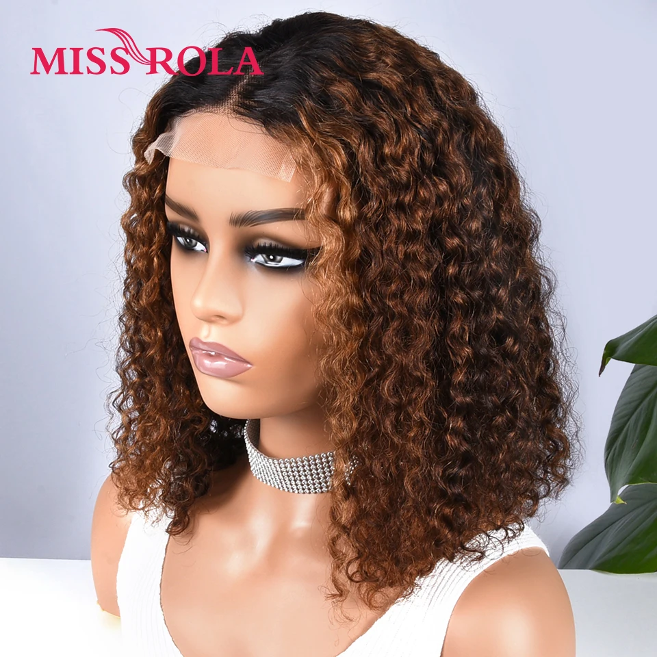 Miss Rola-Brazilian Remy Curly Bob Perucas, Onda de Água, Destaque Cabelo Humano, Destaque Cor, Pré Arrancadas, 4*4 Lace Closure, 27, 3, 4