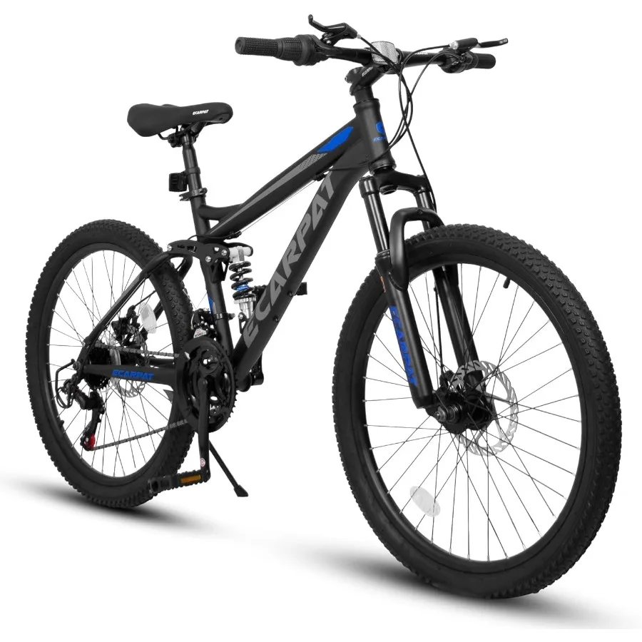 

Ecarpat 24 26 27.5 Inch Mountain Bike Full Front Suspension Mens Boys Mountain Bike with 21 Speed Steel Frame and Dual Disc Bra