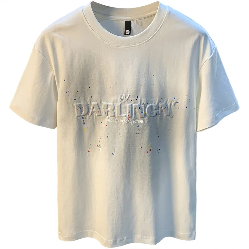 2025 Summer thin fashion high-end printed T-shirt men's 2025 trend embroidered paint splashed short sleeved top