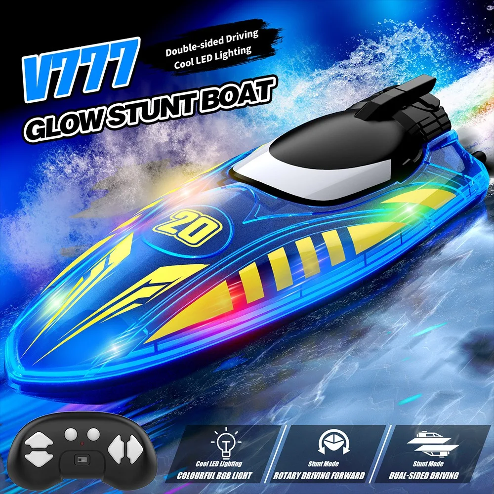 

New Rechargeable RC Boat, Dual Propellers Stunt Flip Double-Sided Driving, LED Light Remote Control Speed Boat Water Toy