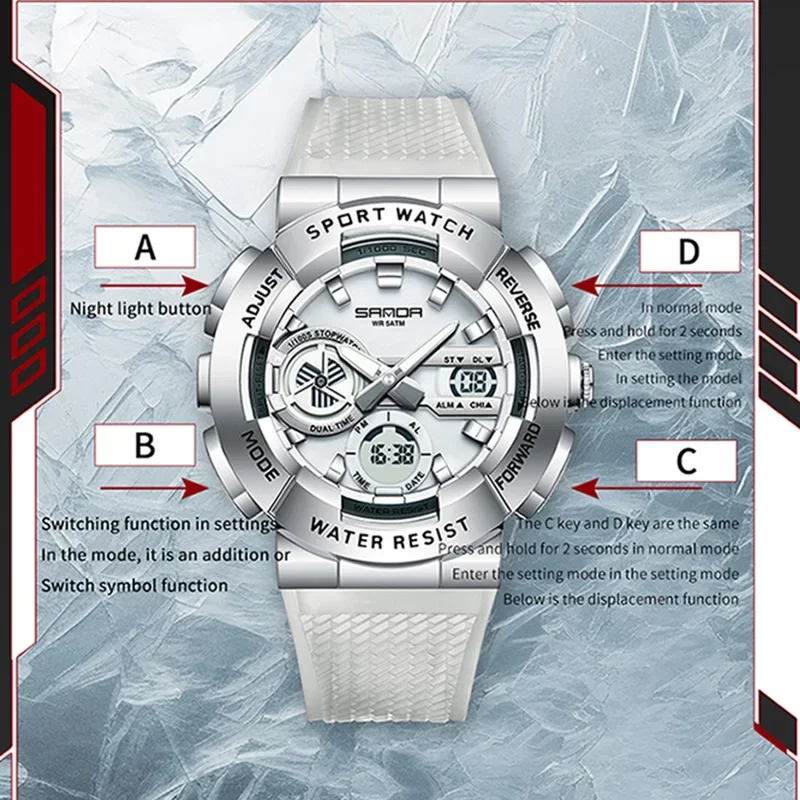SANDA 3365 ساعة عسكرية للرجال عرض مزدوج ساعة توقيت رياضية رجل مقاوم للماء ساعة اليد الإلكترونية ساعة تنبيه ساعات كوارتز