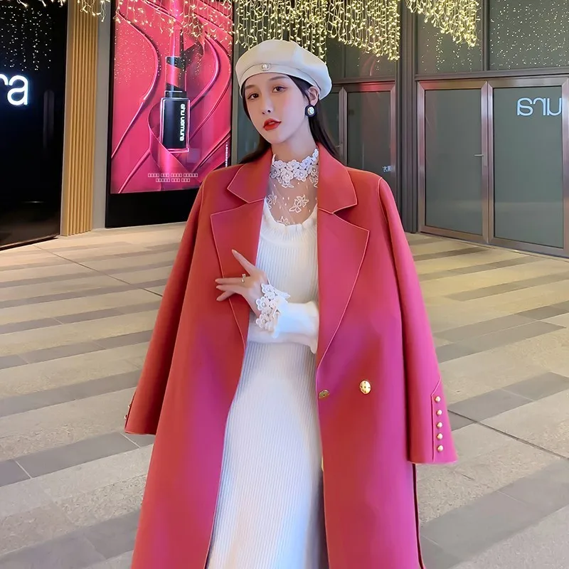 

Ele Double-Sided Camere Coat for Women Mid-Length Yellow Woolen Outerwear Korean Sle Straight Cut Long Sve Suit