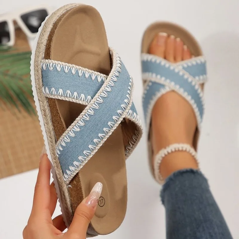 Chic Women'S Linen Sandals with Cross Straps | Sturdy Sole for Indoor And Outdoor Use | Year-Round Breathable House  Women Shoes