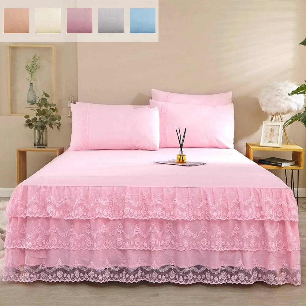 

New 3 Layers Bed Skirt Lace Ruffled Bed Skirt Light Luxury Elegant and Comfortable Includes Pillowcase Bedding Home Decoration