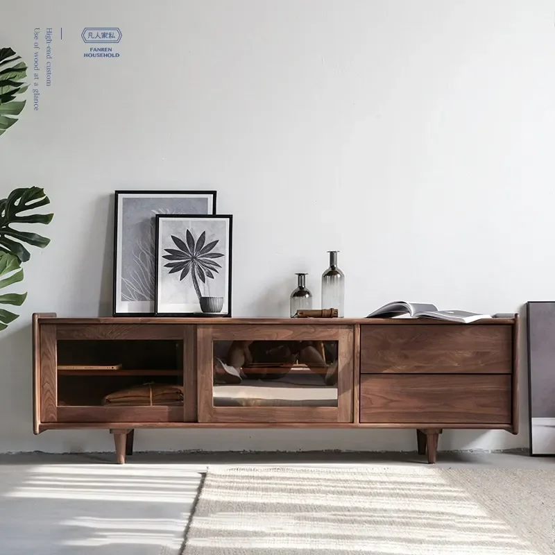 For Small Apartment Nordic Solid Wood TV Cabinet Walnut Multi-functional Storage Customer Video Console Furniture Wholesale