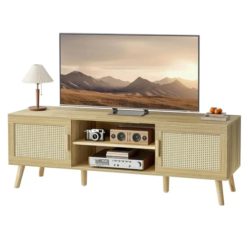 

A Rattan TV Media Console Stand Entertainment Center With Adjustable Shelf