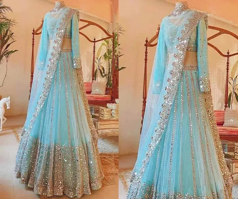 Sky Blue Lehenga Choli Evening Formal Dresses Wear Half Saree Long Sleeve Gillter Luxury Prom Occasion Gown Outfit customsized