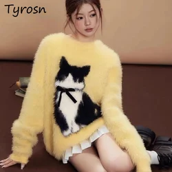 Pullovers Women Fun Cat Pattern Bow Design Japanese Style Oversized Knitted Sweaters Autumn Loose Couples Chic Sweet Soft Tops