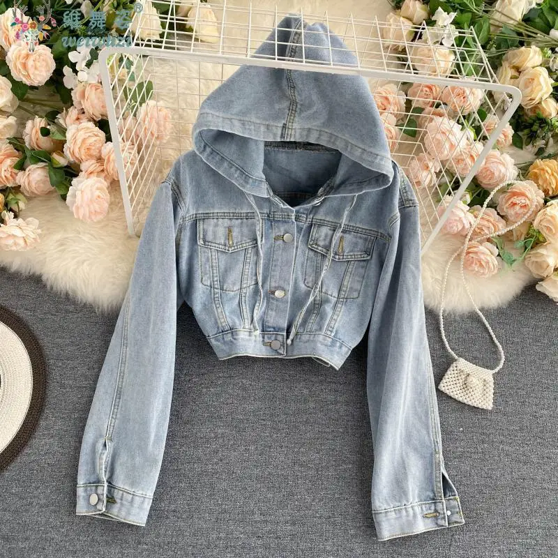 

Качественная женская короткая синяя джинсовая куртка пальто с капюшоном свободная однотонная офисная женская весенняя спортивная одежда на открытом воздухе необходимая для девочек-подростков Комфортная одежда для