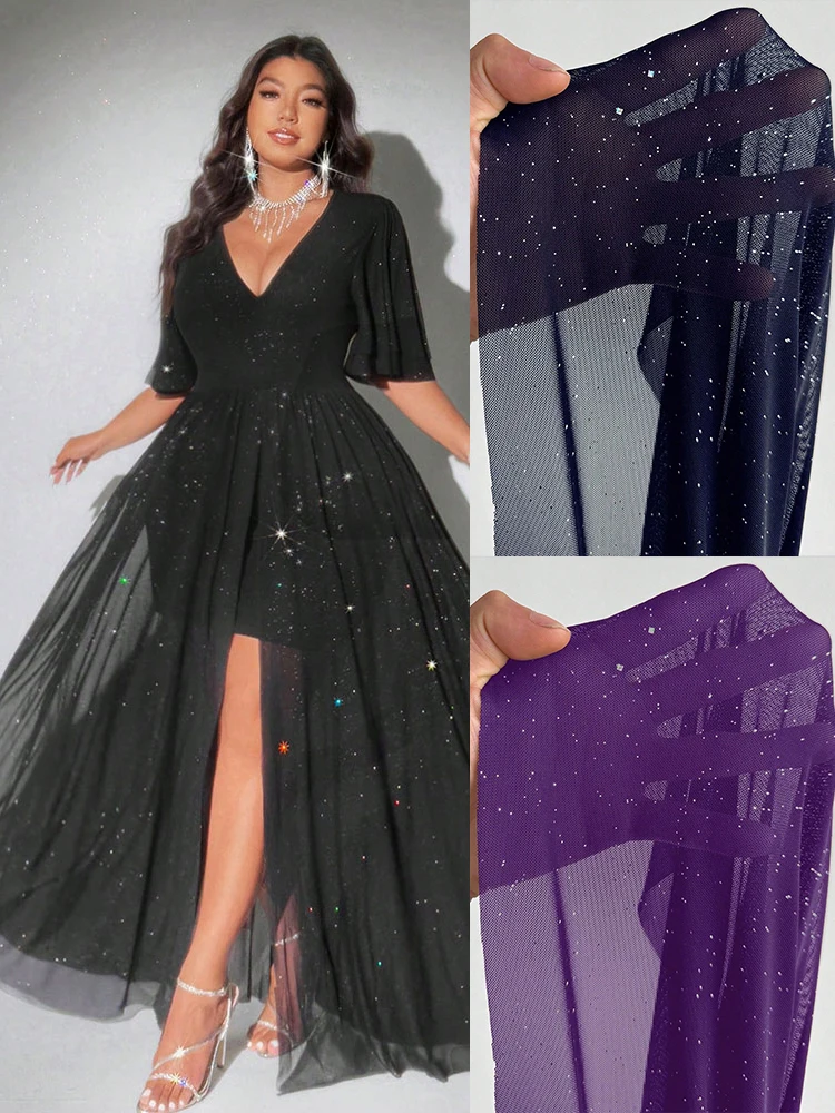 جديد حجم كبير مثير العميق الخامس الرقبة شبكة الترتر ألف خط هيم خياطة بطانة فستان ريترو متوهج كم عالية الشق تنورة مساء فستان