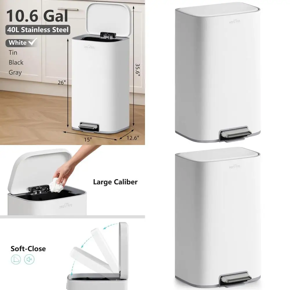 

Белое кухонное мусорное ведро объемом 10,6 л с гладкими краями и крышкой