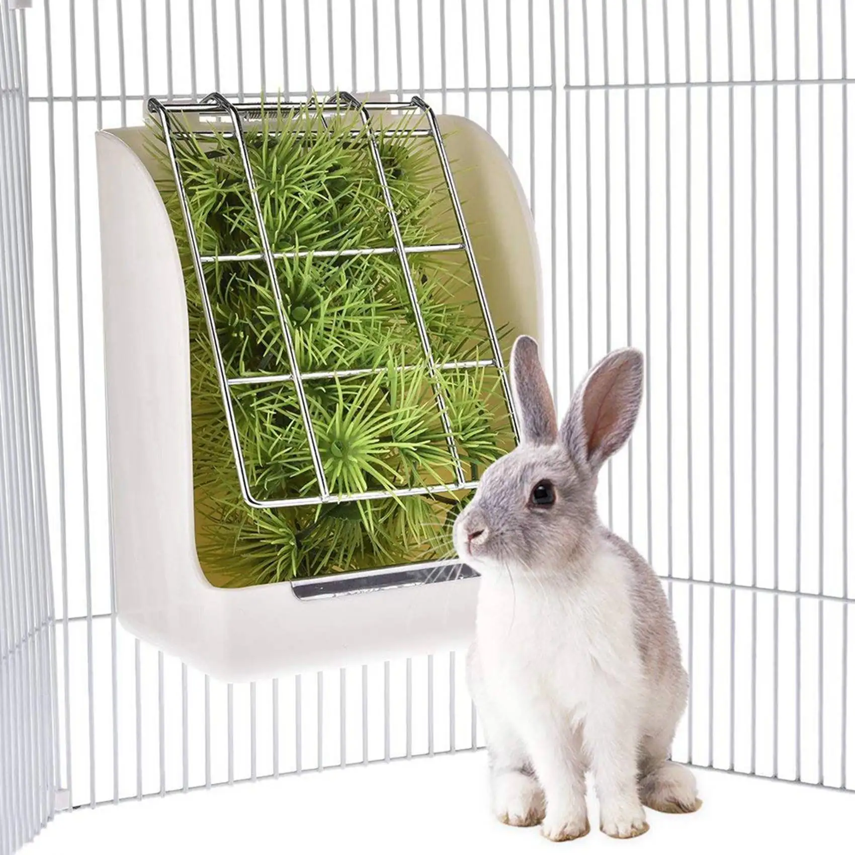 HRBAJ-2X Grass Frame Hay Feeder Manger Rack For Guinea Chinchilla Fixed Flip-Up Holder Grass Basket Small Pet