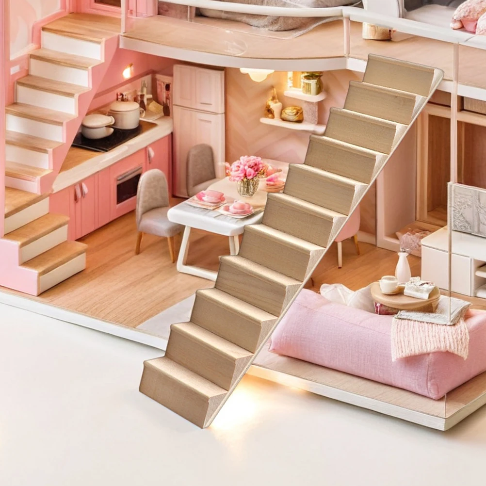 3Pcs Lifelike Mini Stairs 1:12 Scale Unpainted Wood Steps for Dollhouse Furniture DIY Customizable Decor Natural Finish Design
