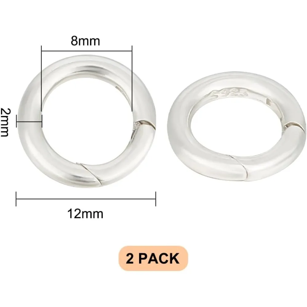 2 Pcs Plated 925 Sterling Silver Trigger Spring O Rings 12mm, Spring Gate Rings Round Carabiner Clip Snap Spring Round