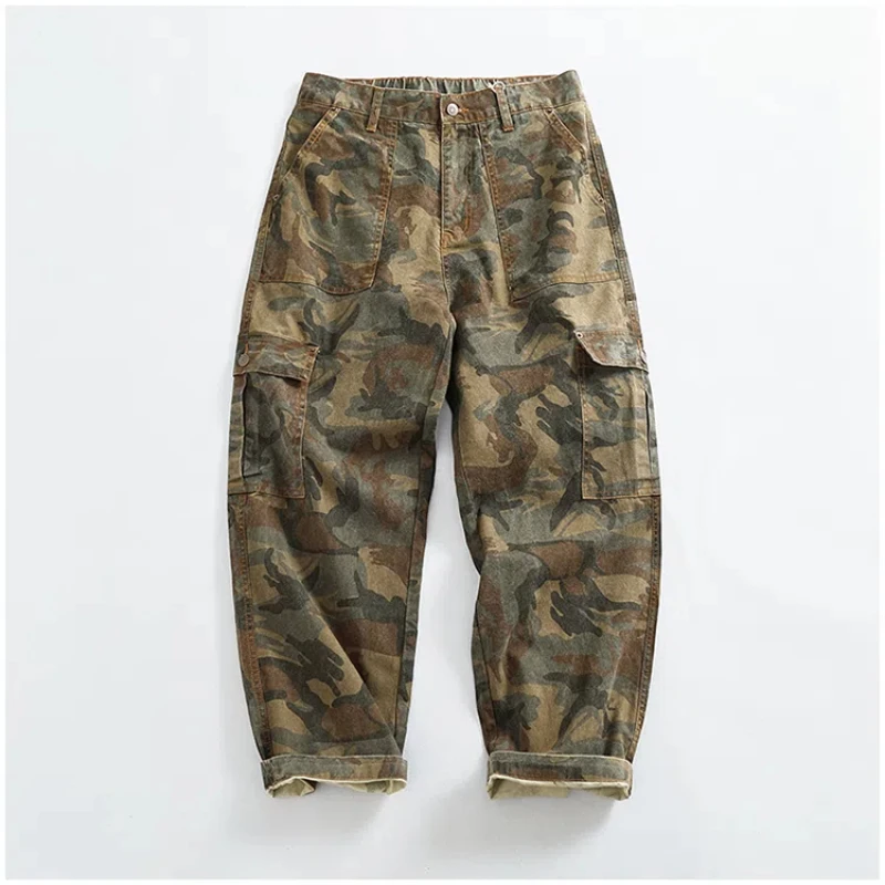 Cargo casual pants men's Japanese style outdoor multi-pocket loose retro elastic waist profile straight drum camouflage pants