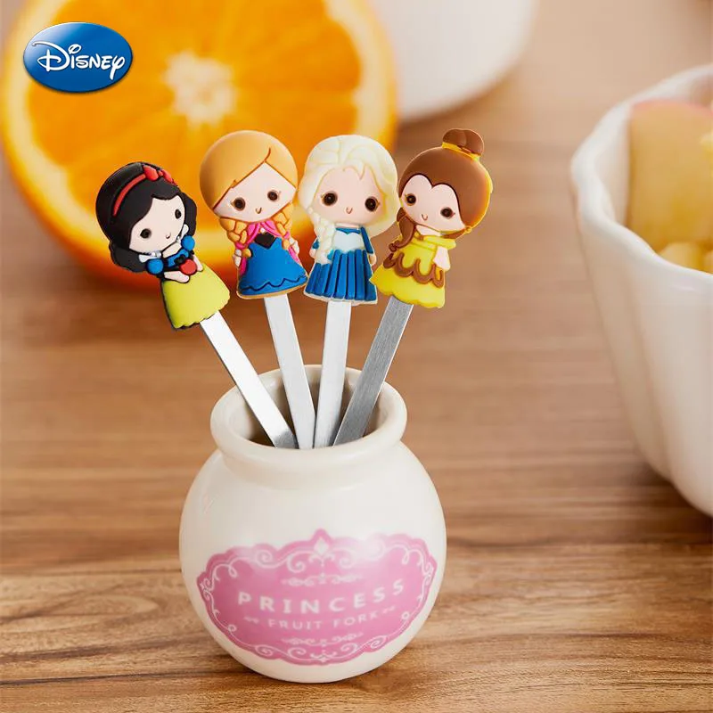 Disney Princess Stainless Steel Dessert Fruit Forks Set Frozen Elsa Anna Child Safety Fork With Ceramic Jars Kids Fruit Forks