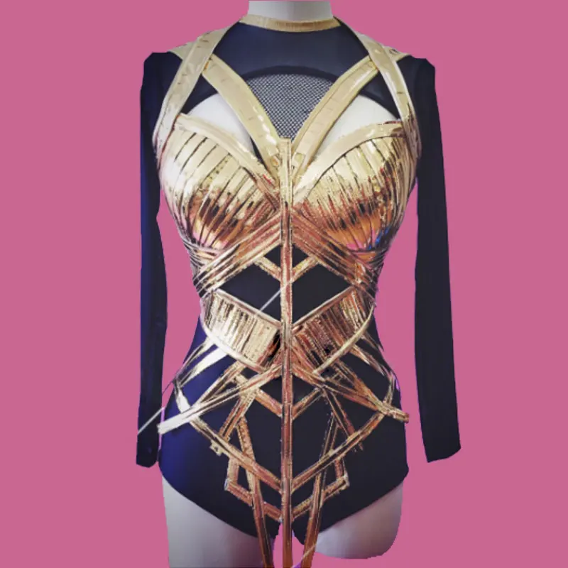 2 Piece Stretch Outfit singer dance Costume Nightclub show Golden hollow Outfit Black base Rhinestones Bodysuit Women