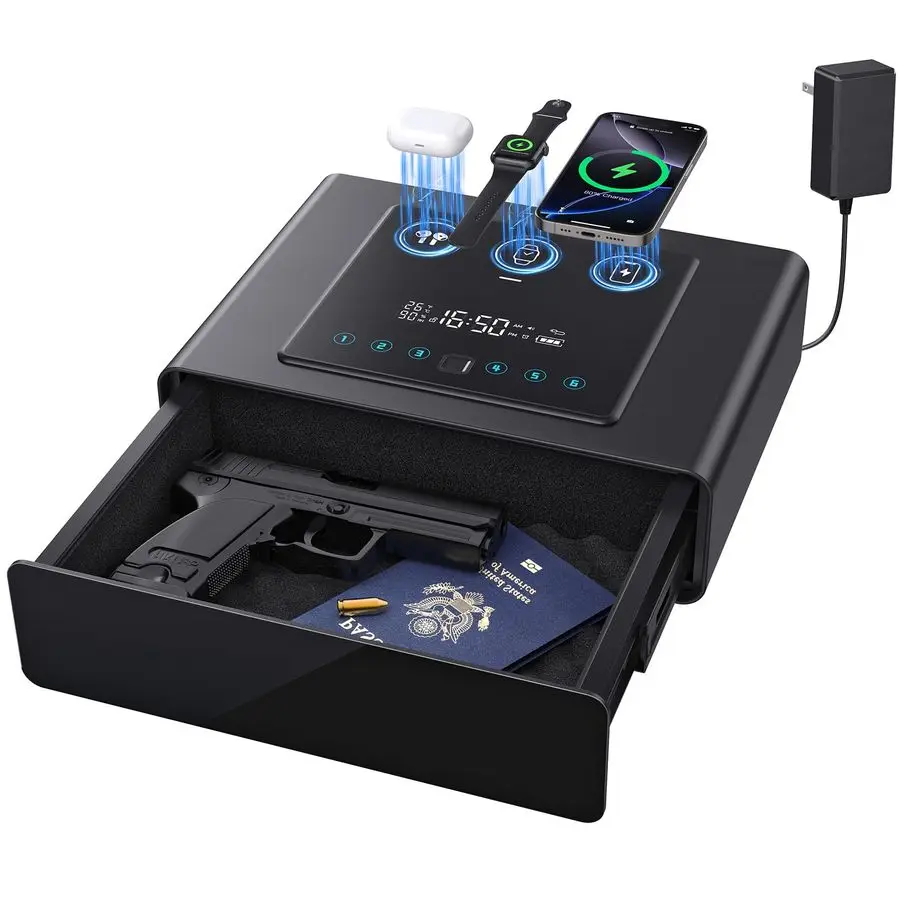 

Smart Biometric Gun Safe for Handgun, Fingerprint Alarm Clock Safe with 3in1 Wireless Charging, Silent Drawer, LCD Alarm Clock a