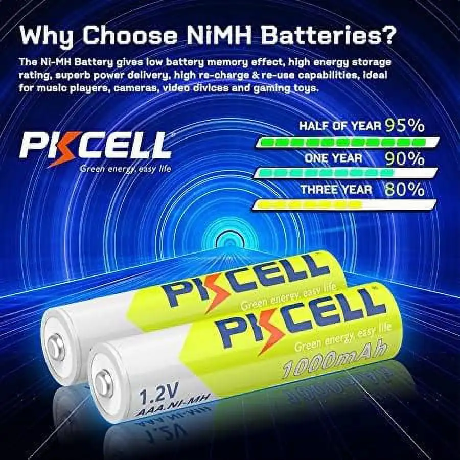 12Packs PKCELL NiMH AAA 1000mAh Rechargeable Batteries High Quality Triple A Battery for Remote Controls, Flashlights, Toys