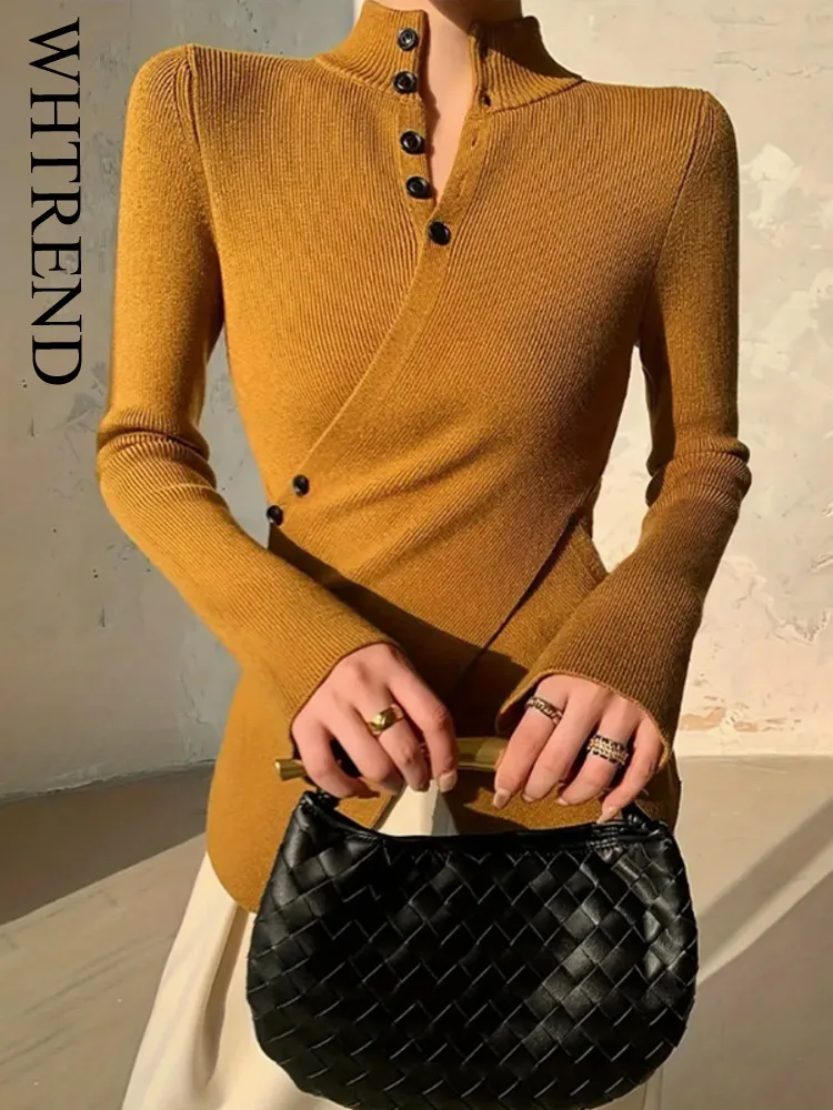 

WHTREND Women's New Knitted Sweater Stand Collar Cross Button Autumn Winter Slimming Solid Color Elegant Knitwear WH1498