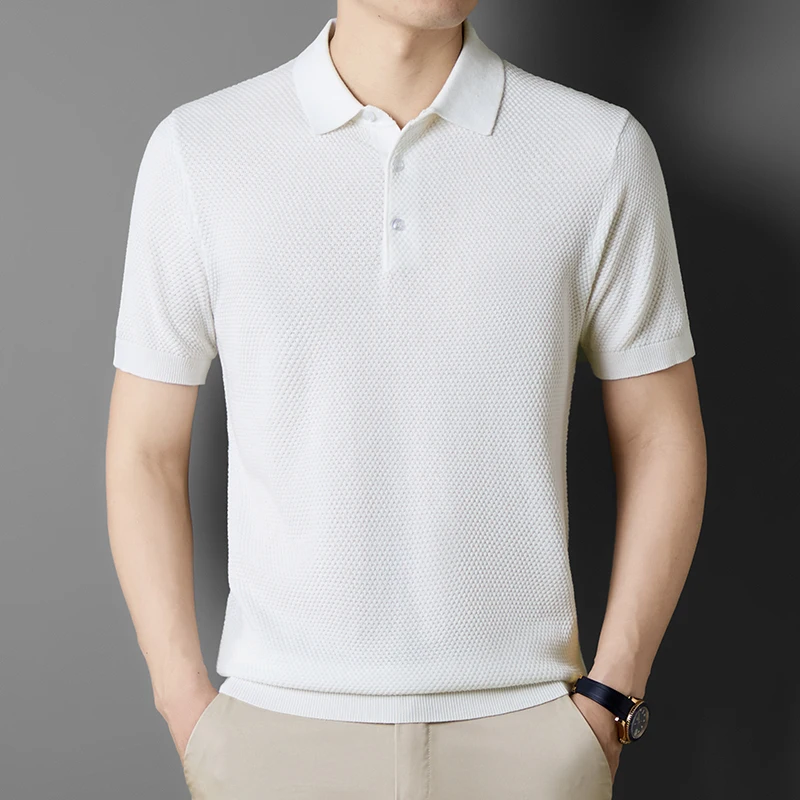 Ture 100% Cotton Men Knit Polos 2025 Summer Classic Turn Down Collar Knitwear Male Breathable Tops Short Sleeve  Knit T-shirt