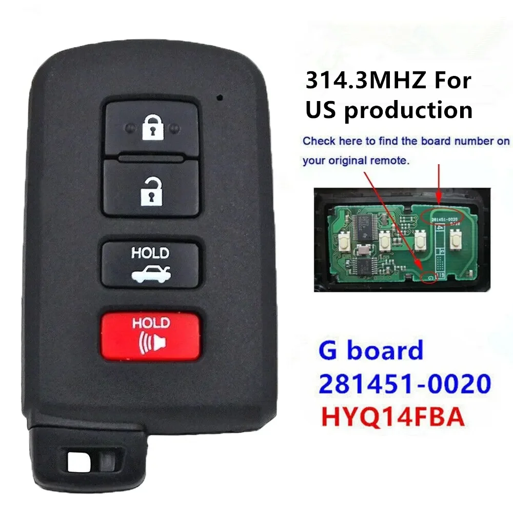 

KEYECU Cheap Keyless Smart Key FOB 4Buttons 314.3MHz G Board 281451-0020 US production for Toyota Camry Avalon Corolla HYQ14FBA