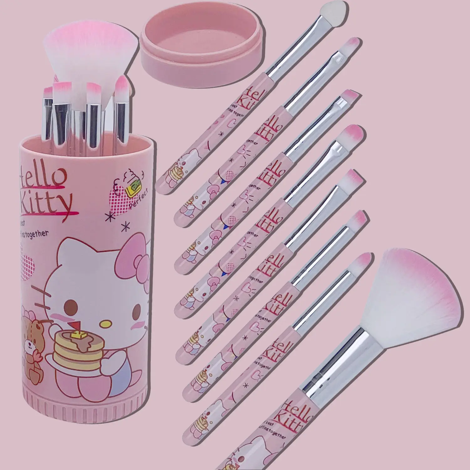 8Pcs/Set Kawaii Hello Kitty Makeup Brush Sanrio Brush With Round Storage Box Dust Proof Portable Artificial Fiber Beauty Tool