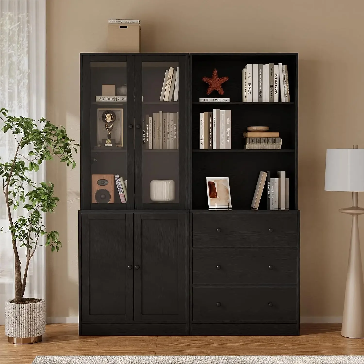 71" H Bookshelf with Storage, 6-Tier Modern Bookshelves with 3 Large Drawer, Display Bookcase with Glass Doors, Modern 5-Tier Cu