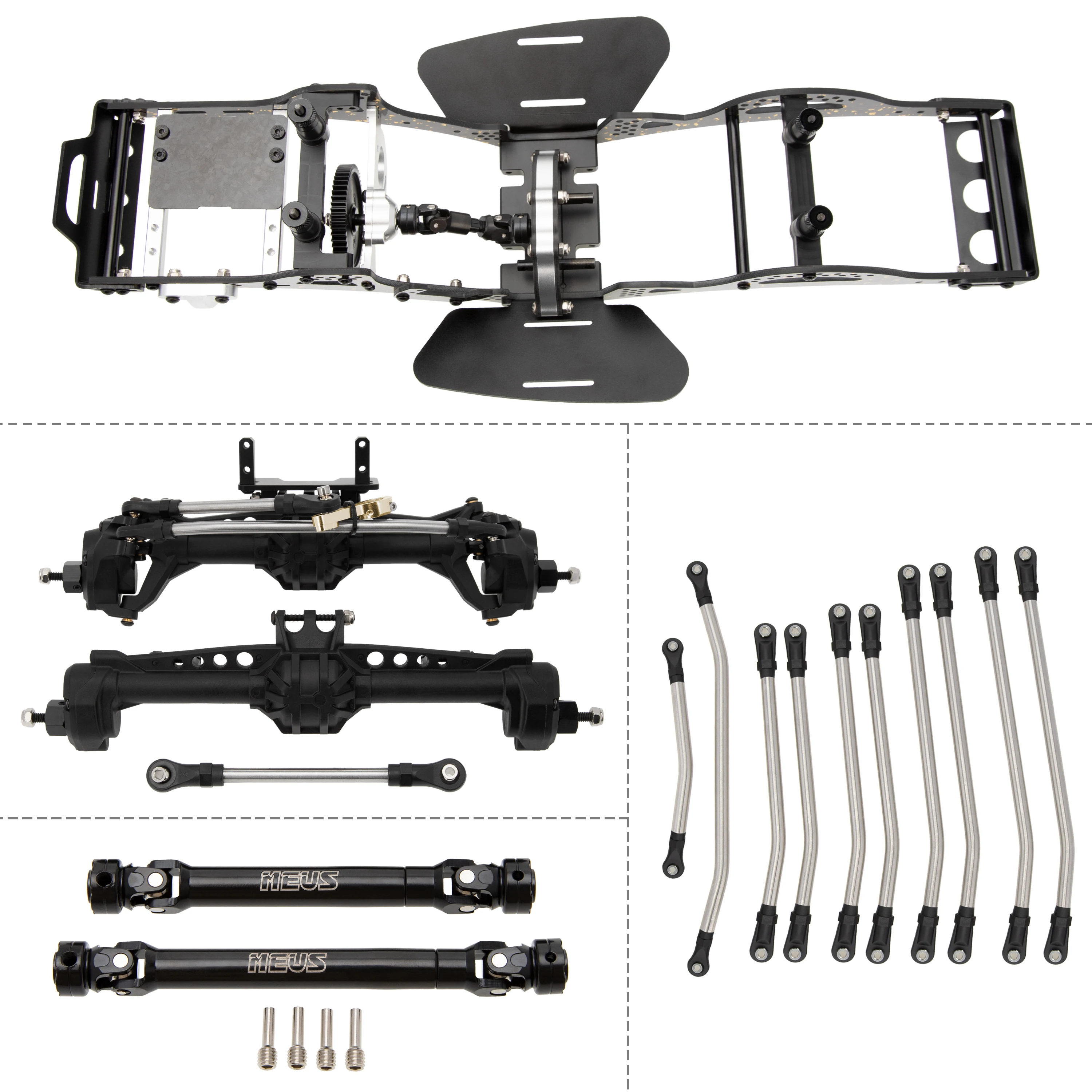 MEUS Racing RC LCG-GOLD RUSH V1 Carbon Fiber Chassis & SCX10 Nylon Portal Axles & 313mm Links & Drive Shafts kit for 1/10 SCX10