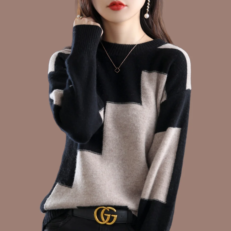 Round Neck Autumn Winter New Sweater Loose Warm Long Sleeve Color Block Top Knitted Base Fashion