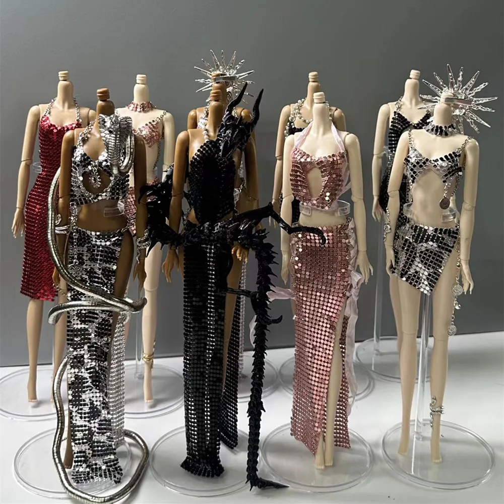 Luxuriöses, handgefertigtes, dunkles Paillettenkleid im Queen-Stil, Kleidungsaccessoires für Ihre BaBi FR FR2 Puppen im Maßstab 1/6