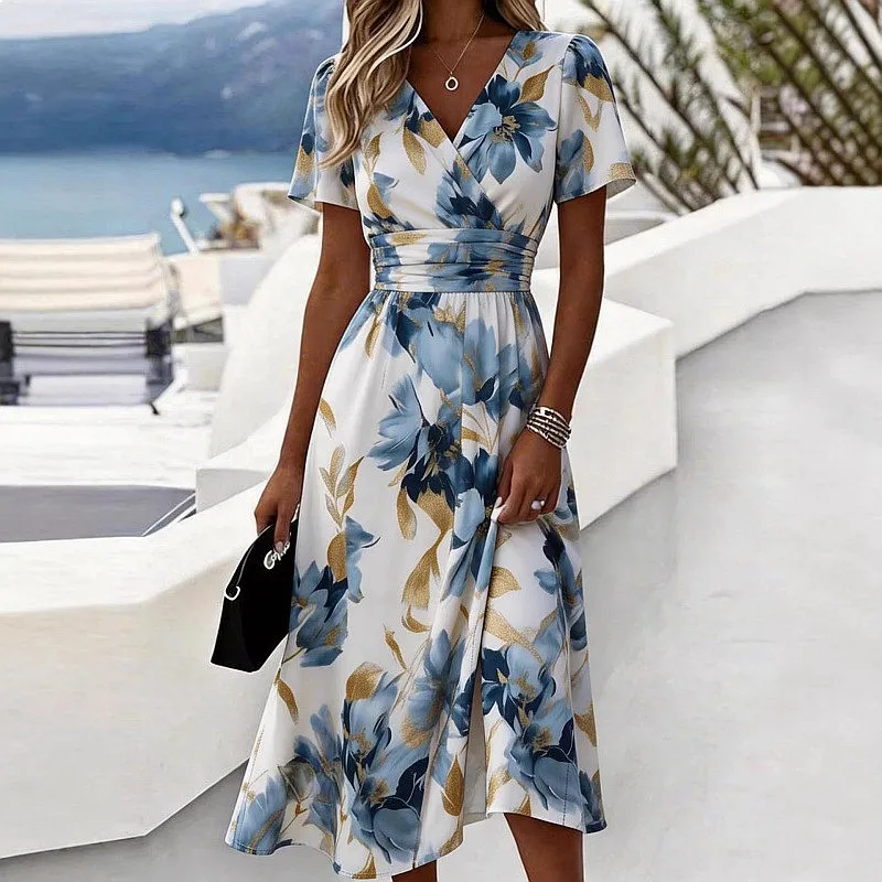 3D Print V Neck Short Sleeve Pleated Dress, Women Summer Flowy A Line Dresses with Pockets