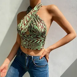 2024 Summer Europe and the United States cross-border sexy comfortable ripple print halter strap top