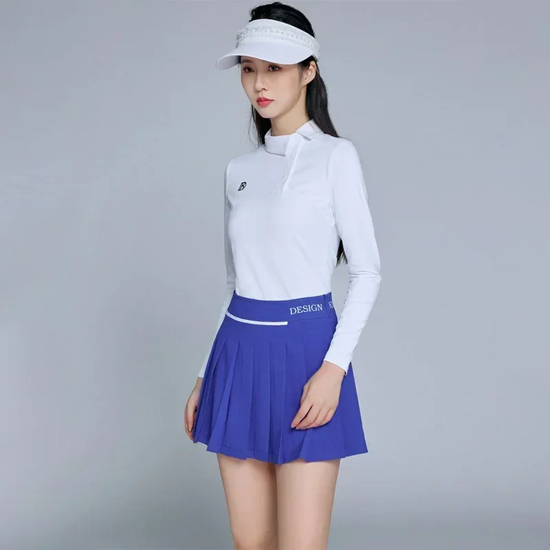 DK Women Anti-exposure Golf Short Skirt Slim Pleated Casual Skorts Ladies Long Sleeve T-shirt Button Polo Golf Shirt Elegant Set