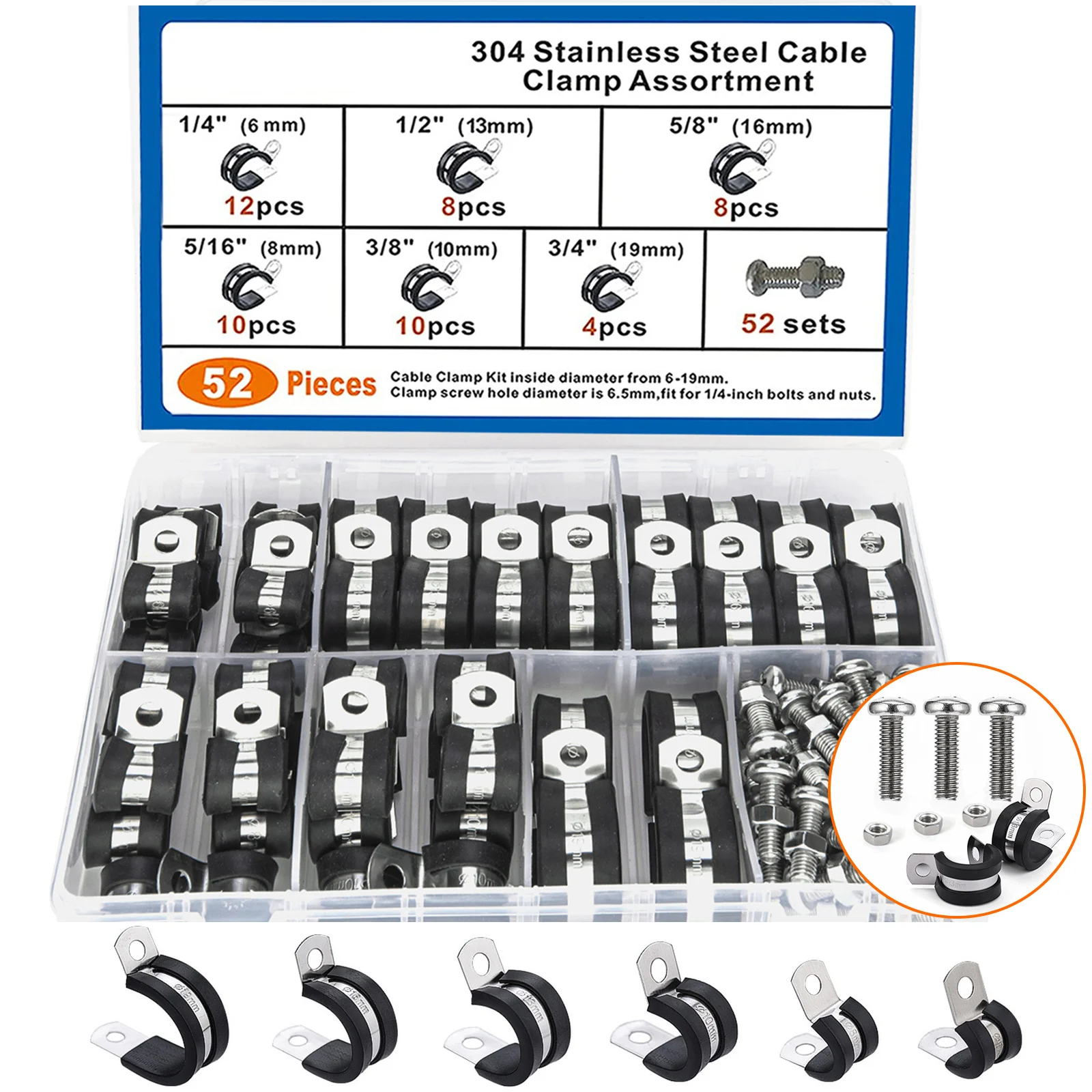 

52pcs Cable Clamps Assortment Kit, 304 Stainless Steel Rubber Cushion Pipe Clamps in 6 Sizes 1/4" 5/16" 3/8" 1/2" 5/8" 3/4"