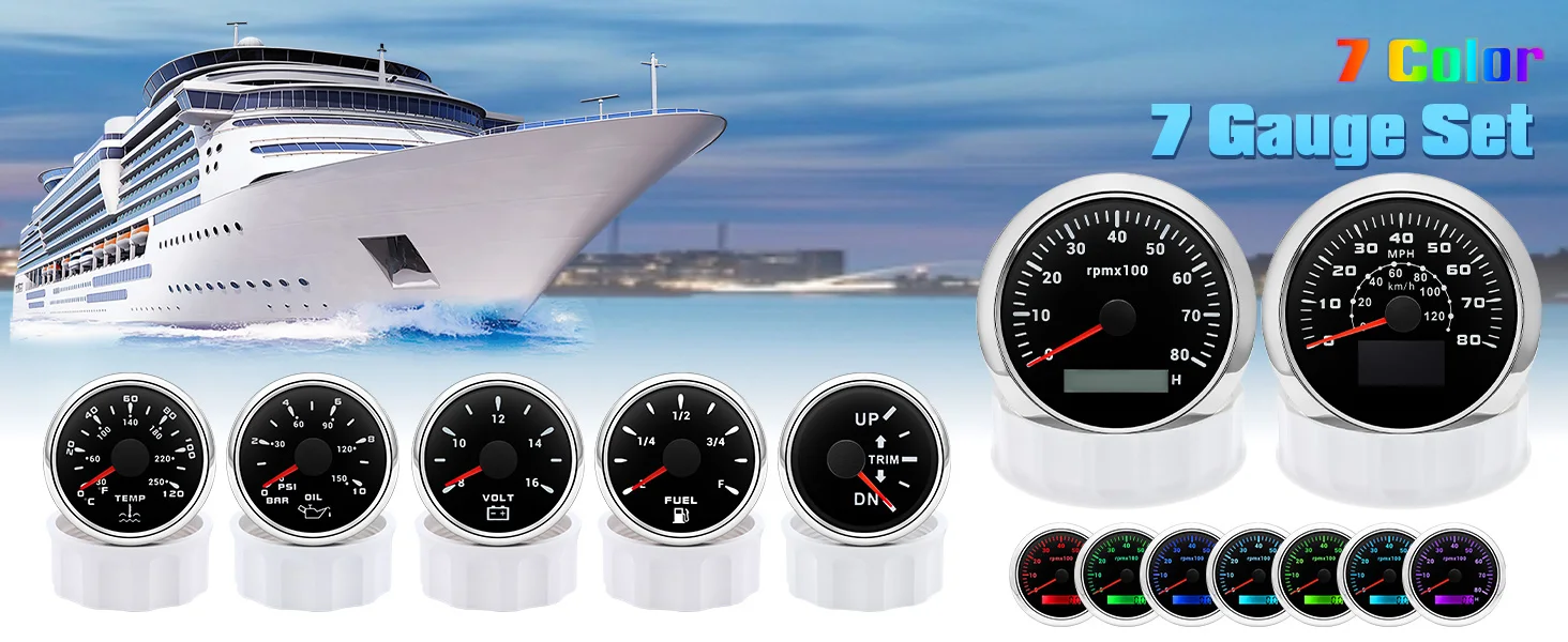 Auto Marine Boat GPS Speedometer Tachometer Kit 7 Color Trim Voltmeter Oil Pressure Fuel Level Water Gauge New Inboard Engine