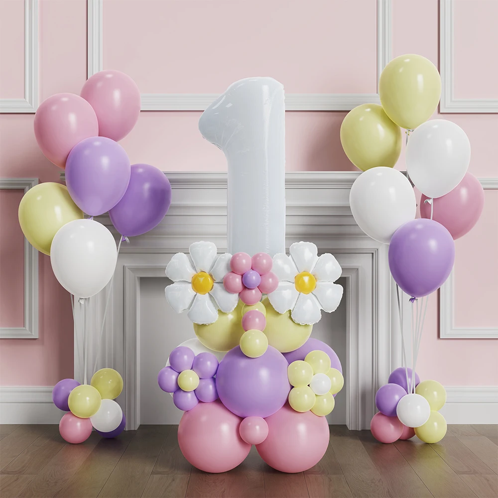 45 Stück Macaron Candy Buntes Gänseblümchen-Ballon-Set 32 Zoll 1-9 Weißer Zahlenballon Kindergeburtstag Party Dekoration Babyparty