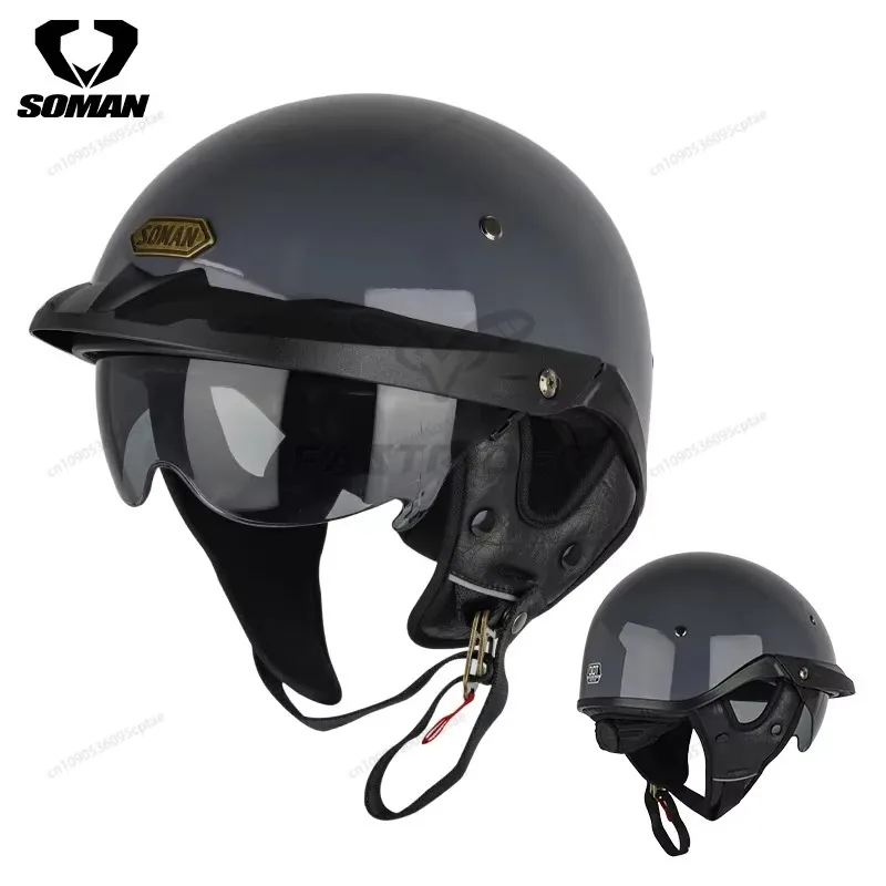

SOMAN Special Retro Half Face Motorcycle Helmet for Men Black Vintage DOT Approved Helmets
