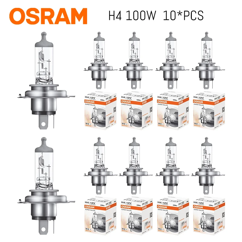 OSRAM 10pcs High Power H4 100/90W Headlight Halogen Bulb 62204 High Low Beam SUPER RALLYE P43t Lamp Light HB2 9003 3200K Yellow
