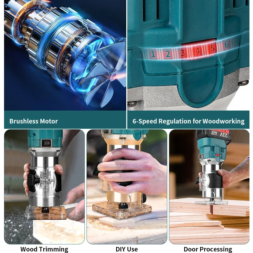 RDDSPON-Roteador de madeira sem fio, 6 velocidades, sem escova elétrica aparador de mão, gravura Slotting Tool, Makita 18V bateria