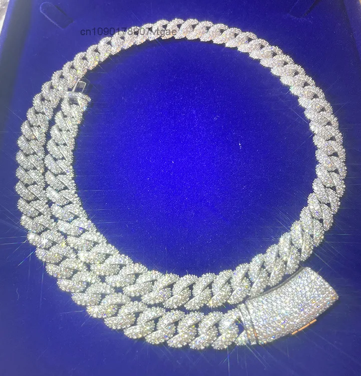 Chain Cuban Iced Out 13mm Wide White Gold Plated Pass Diamond test Moissanite Silver Cuban Chain.
