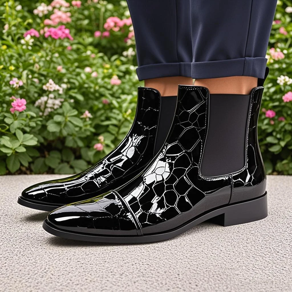 Spring Black crocodile patterned short boots  Fashion boots Square head Patent Leather Bare Chelsea Short  Men\'s Boots