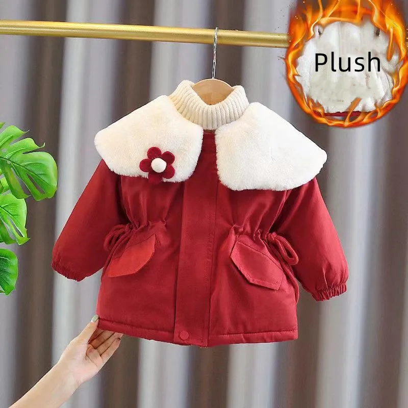 

Kids Girls Winter Cotton Coat 2023 New Baby Style Overcoming Children's Autumn And Winter Style Plush Thickened Waist Wrap Top